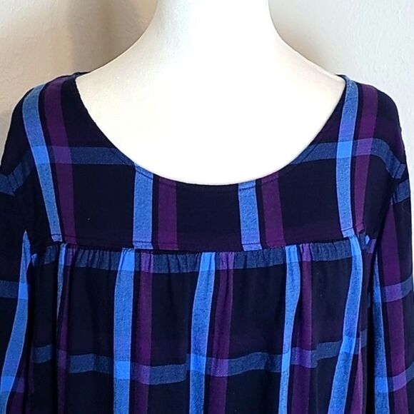 EVRI Blue & Purple Plaid Babydoll Top, Bell Sleeves, Size 1X - Picture 3 of 10